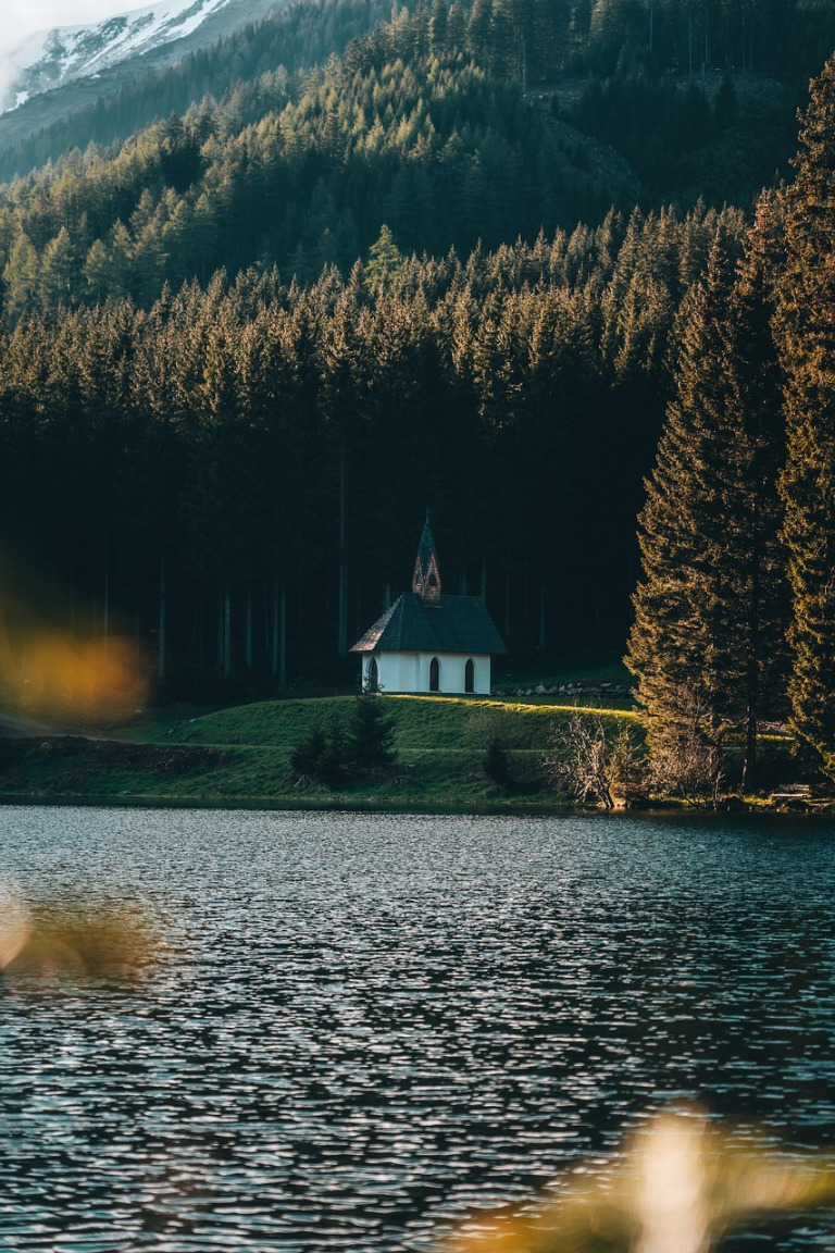 mountain lake chapel scene